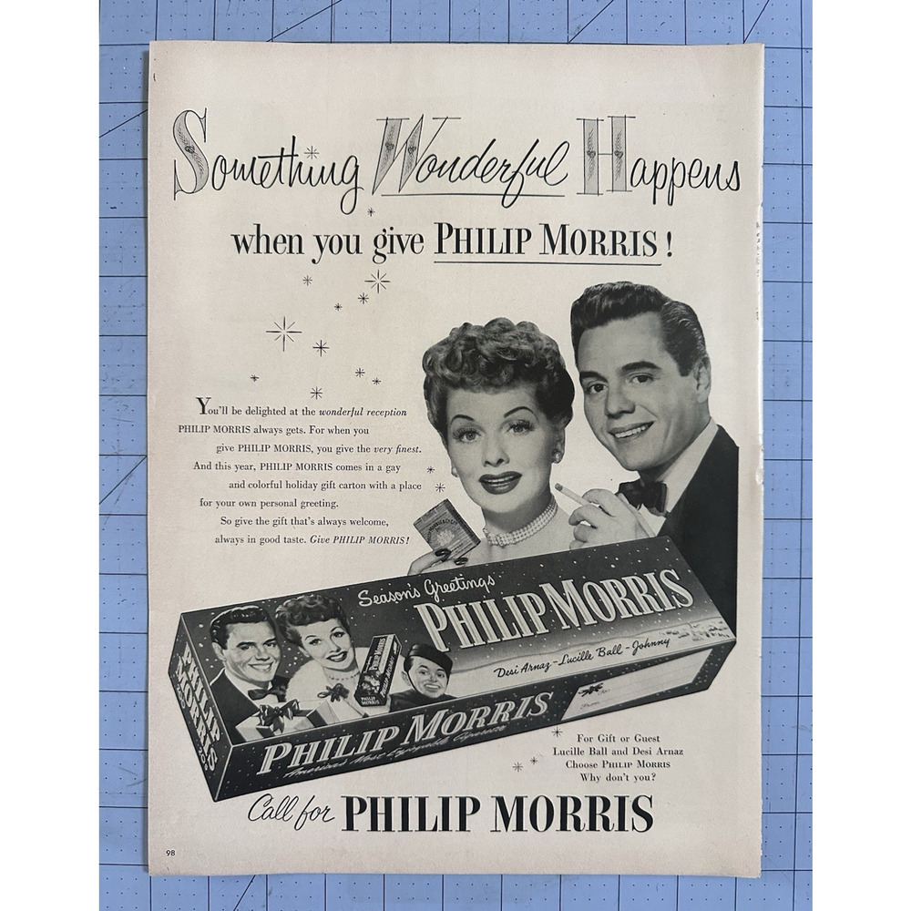 1953 Philip Morris Cigarettes Lucille Ball Desi Arnez Christmas Vintage Print Ad